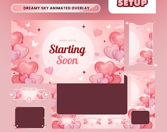 Sweet Heart Twitch Overlay Package – Pink Romance Sky/Cute Love Aesthetic/Animated Streaming Bundle Kick YouTube