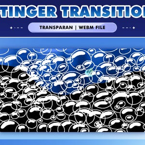 Puede incluir: Gráfico digital con un fondo degradado azul y negro, con contornos de burbujas blancas. El texto "STINGER TRANSITION" está en la parte superior, con "TRANSPARAN | WEBM FILE" debajo.