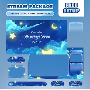 Pacote de Overlay Nuvem Estrelada para Twitch – Céu Noturno Onírico/Tema Celestial da Lua/Estética Fantasia Azul/Pacote de Stream Animado Kick YouTube