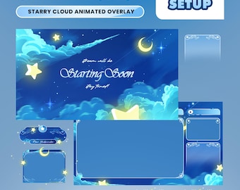 Pakiet nakładki Twitch Starry Cloud – Marzycielskie nocne niebo/Moon Celestial Theme/Estetyka niebieskiej fantazji/Pakiet transmisji animowanej Kick YouTube