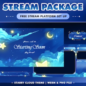 Starry Cloud Animated Stream Overlay Package for Twitch, Youtube, Galaxy Kawaii Overlay Animated, Aesthetic Theme Twitch, Cute Overlay, Moon