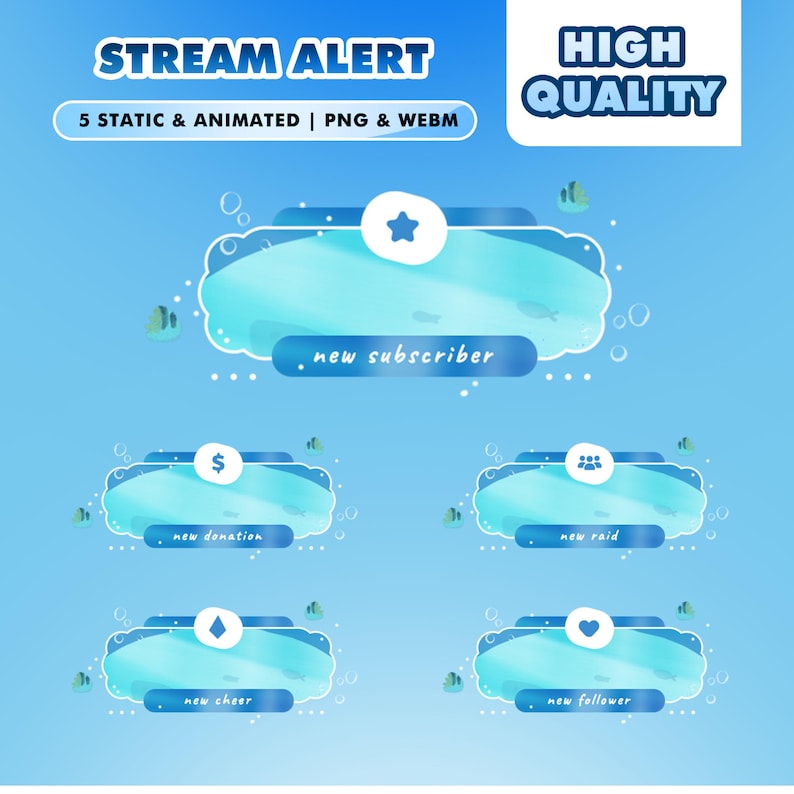 Under Sea Ocean Blue Animated Stream Overlay Package for Twitch OBS Underwater Theme with Fish, Light Ray, Bubbles Background Aesthetic Aqua image 4