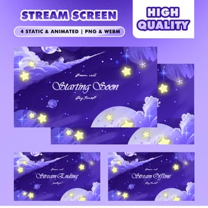 Puede incluir: Diseño de pantalla de transmisión digital con tema de cielo nocturno, con nubes, estrellas y planetas. Se muestra el texto "STREAM SCREEN" y "HIGH QUALITY". Las pantallas incluyen los mensajes "Starting Soon", "Stream Ending" y "Stream Offline".