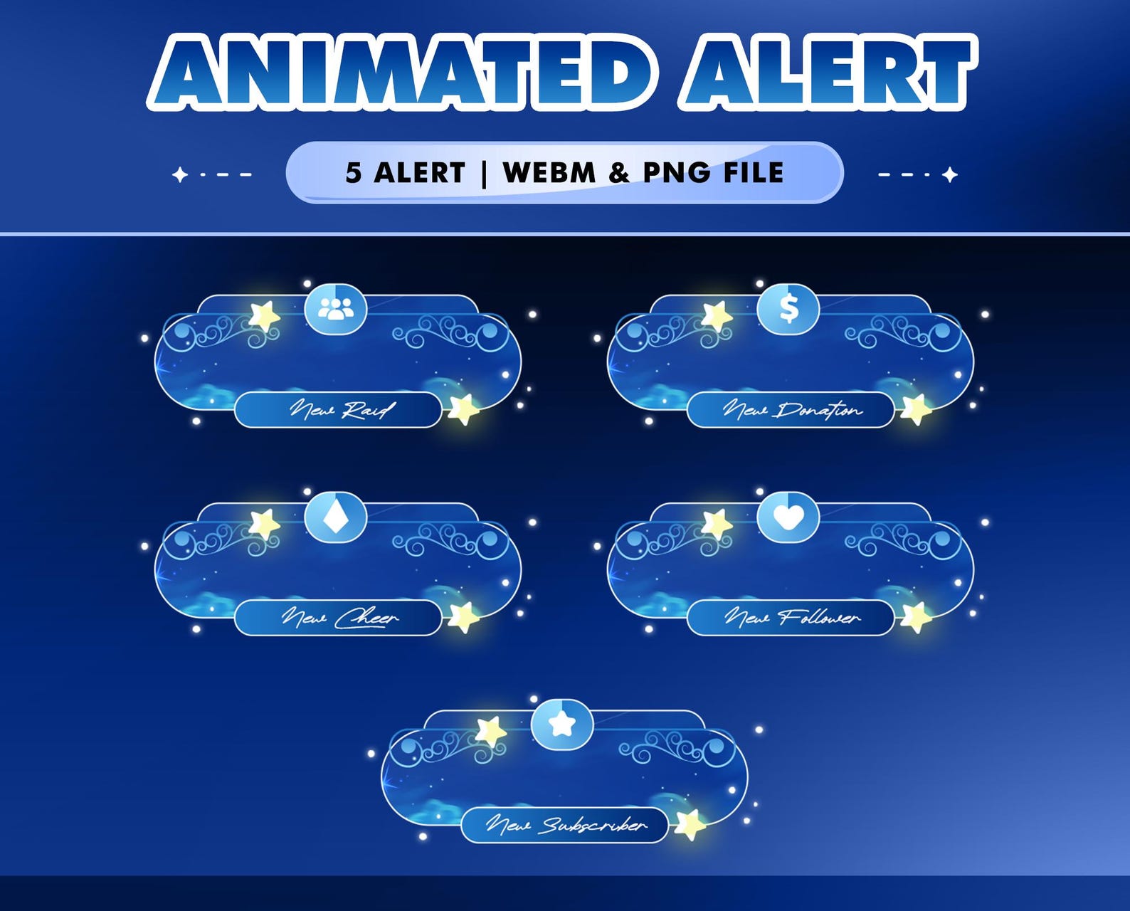 Starry Cloud Animated Stream Alerts Overlay, 5 Twitch Alerts, Webm PNG ...