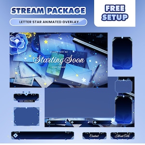 May include: A digital stream package in blue and white. It features animated overlays, a "Starting Soon" screen, and interface elements. The text "STREAM PACKAGE" and "FREE SETUP" are displayed. The design has a letter and star theme.