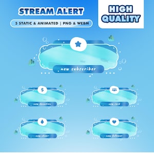 May include: A digital graphic with a blue aquatic theme, featuring five animated stream alert designs. Each alert has a unique icon and text, including "new subscriber," "new donation," "new raid," "new cheer," and "new follower." The image also includes the text "STREAM ALERT" and "HIGH QUALITY."