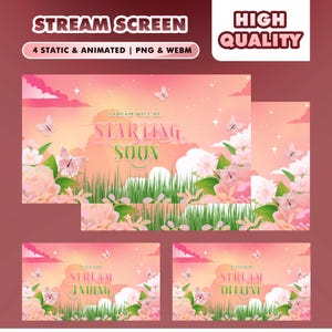 May include: A digital stream screen design with a pink and orange sunset background, featuring butterflies, flowers, and the text "STREAM SCREEN". The design includes static and animated PNG and WEBM files, with the words "STARTING SOON", "STREAM ENDING", and "STREAM OFFLINE".