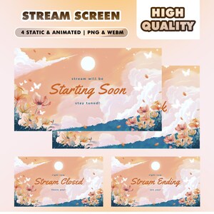 May include: A digital stream screen design with a warm color palette, featuring floral and butterfly illustrations. The design includes the text "Stream Screen," "Starting Soon," "Stream Closed," and "Stream Ending."