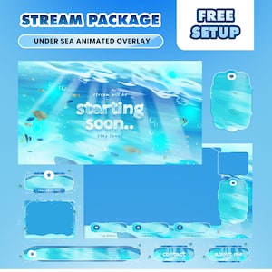 May include: A digital stream package with an under-the-sea theme. The main graphic features an animated ocean scene with fish and the text "starting soon..". Additional elements include overlay graphics with text like "new subscriber" and "contact".