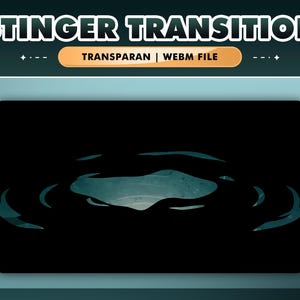 Peut inclure: Graphique numérique avec le texte "STINGER TRANSITION" en blanc sur fond vert foncé. En dessous, des effets d'ondulation d'eau animés sont affichés sur fond noir. Le texte "TRANSPARAN | WEBM FILE" est également présent.
