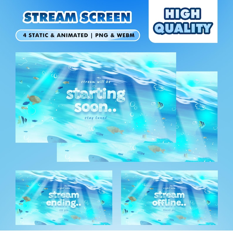 Under Sea Ocean Blue Animated Stream Overlay Package for Twitch OBS Underwater Theme with Fish, Light Ray, Bubbles Background Aesthetic Aqua image 2