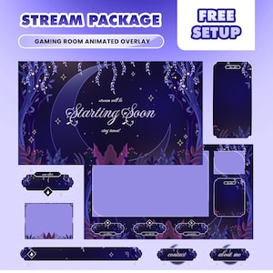 Puede incluir: Un paquete de transmisión digital con una superposición animada de sala de juegos. El diseño presenta una combinación de colores azul oscuro y púrpura con un tema de luna creciente y noche estrellada. El texto incluye "Stream Package", "Gaming Room Animated Overlay".