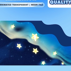 May include: An animated digital illustration featuring a night sky with glowing yellow stars. The background transitions from dark blue to lighter shades, with a wavy, cloud-like design. Text at the top reads "ANIMATED TRANSPARANT | WEBM FILE" and "QUALITY".
