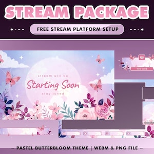 Butterbloom Pastel Animated Stream Overlay Pack for Twitch Kick YouTube, Adorable Butterfly, Floral Watercolor, Pink Clouds Soft Spring Glow