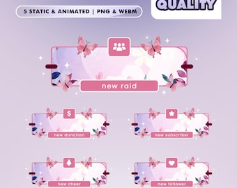 Butterfly Bloom Animated Alerts, Pastel Butterfly Stream Alerts, Floral Pink Notifications, Lavender Gaming Popups, Cute Twitch Vtuber