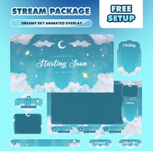 May include: A digital streaming package with a dreamy sky theme. The design includes a main overlay with clouds, stars, and the text "Starting Soon." Additional elements include chat boxes, subscriber alerts, and social media buttons. The words "STREAM PACKAGE" and "FREE SETUP" are also visible.