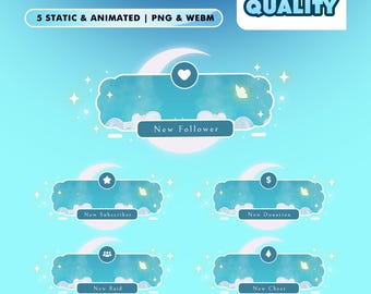 May include: A digital graphic with the text "STREAM ALERT" and "HIGH QUALITY". The image features five animated overlay designs for streaming platforms, each with a unique icon and text labels like "New Follower" and "New Subscriber". The background is a gradient of light blue.