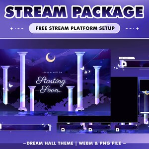 Dream Hall Animated Stream Overlay Package for Twitch and YouTube/Fantasy Night Sky Design with Moon, Pillars, and Butterflies, Purple White
