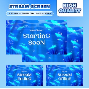 May include: A set of four blue stream screens with an underwater theme. The screens include text that says "Stream Screen", "Starting Soon", "Stream Ending", and "Stream Offline". The screens also have a "High Quality" label.
