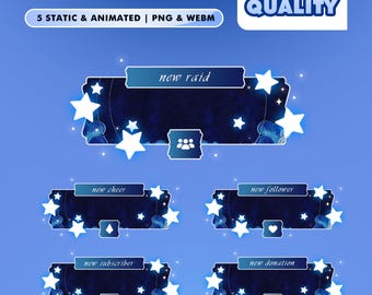 May include: A digital graphic with a blue background featuring stream alert designs. The designs include text like "new raid," "new cheer," "new follower," "new subscriber," and "new donation." Each design has white star accents and icons.