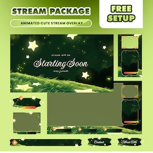 Może przedstawiać: Cyfrowy pakiet do streamingu przedstawiający ciemnozielony krajobraz ze świecącymi gwiazdami i świetlikami. Zawiera nakładki z tekstem STREAM PACKAGE, FREE SETUP, ANIMATED CUTE STREAM OVERLAY, Starting Soon, stay tuned, Contact oraz About Me.