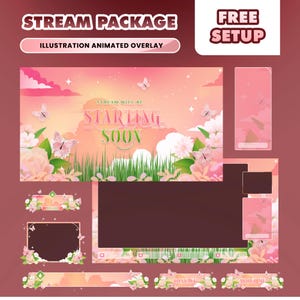 May include: A pink and peach-coloured stream package with floral and butterfly illustrations. The package includes animated overlays, a "Starting Soon" screen, and social media panels. The text "Stream Package" and "Free Setup" are also visible.