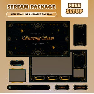 Paquete de superposiciones animadas de líneas celestiales para Twitch Kick YouTube: elegante línea cósmica dorada negra, lunas crecientes, estrellas y cielo nocturno místico.