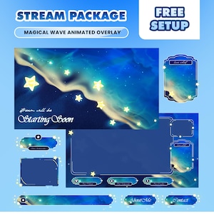 May include: A digital stream package with a magical wave animated overlay. The design features a blue and white starry sky theme with yellow stars. Includes overlays for live chat, subscriber alerts, and about me/contact sections. Text includes "Stream Package", "Free Setup", and "Starting Soon".