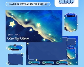 Magical Wave Animated Stream Overlay Pack for Twitch Kick YouTube – Mystical Blue Ocean Flowing Light Waves, Glowing Star Dreamy Sky Glow