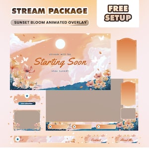 Op de afbeelding: Een digitaal stream-pakket met een geanimeerde Sunset Bloom overlay. Het pakket bevat een "Starting Soon" scherm, verschillende overlay elementen en knoppen met de tekst "Contact" en "About Me". Het kleurenpalet gebruikt warme tinten oranje, roze en blauw.