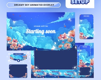 Cloud Blossom Stream Package – Dreamy Sky Flowers/Fantasy Cloudscape Aesthetic/Blue Floral Theme/Animated Overlay Bundle