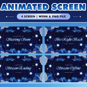 Stelluna Mist Animated Stream Screens for Twitch Kick YouTube – Starry Night Gradient Background with Glowing Moon Clouds Soft Fantasy UI