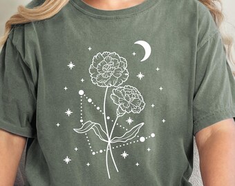 Capricorn Zodiac Shirt | Astrology Flower Moon Tee | Minimal Celestial Line Art Shirt | Capricorn Gift for Her | Boho Zodiac Graphic T-Shirt