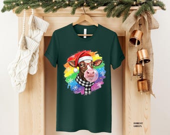 Christmas Cow T-Shirt – Santa Hat & Rainbow Tee – Funny Holiday Shirt