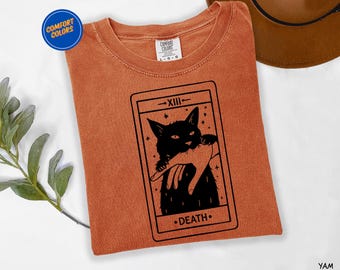 Tarot Card Black Cat Shirt, Halloween Black Cat Comfort Colors Shirt, Halloween Gift, Tarot Death T-Shirt, Witchy Cat Shirt, Spooky Cat Gift