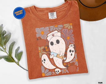 Floral Halloween Ghost Shirt,  Nurse Gift, Nurse Comfort Colors Shirt, Halloween Nurse Shirt, Halloween Shirt, Spooky Season Tee