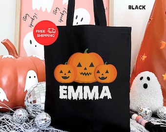 Personalized Halloween Tote Bag, Halloween Treat Bags for Kids, Kids Halloween Tote Bag, Customized Halloween Name Bag, Halloween Candy Bag,