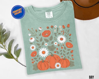Floral Pumpkin Shirt, Comfort Colors Fall T-Shirt, Autumn Aesthetic Tee, Pumpkin Graphic Shirt, Cozy Thanksgiving Top, Pumpkin Patch Outfit