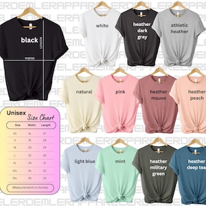 May include: A unisex size chart for t-shirts with a variety of colors, including black, white, natural, pink, heather mauve, heather peach, light blue, mint, heather military green, and heather deep teal. The chart shows the width and length measurements in inches for sizes XS to 3XL.