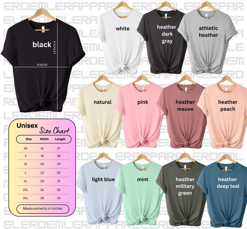 May include: A unisex size chart for t-shirts with a variety of colors, including black, white, natural, pink, heather mauve, heather peach, light blue, mint, heather military green, and heather deep teal. The chart shows the width and length measurements in inches for sizes XS to 3XL.