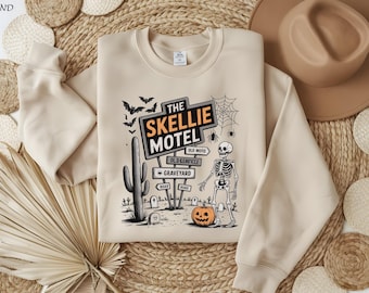 Skellie Motel Funny Halloween Sweatshirt, Woman Halloween Humor Sweatshirt,Trendy Halloween Sweatshirt,Funny Skeleton Halloween Fall Gift