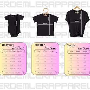 May include: Black baby bodysuit, t-shirt, and youth t-shirt on hangers. Size charts for baby, toddler, and youth sizes are displayed below the shirts. Measurements are in inches.