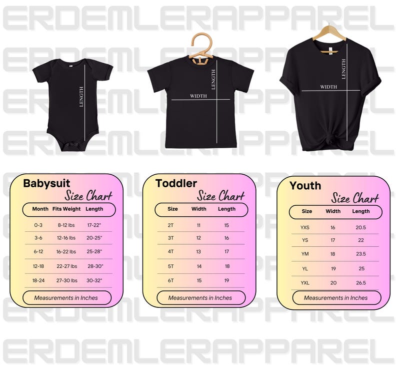 May include: Black baby bodysuit, t-shirt, and youth t-shirt on hangers. Size charts for baby, toddler, and youth sizes are displayed below the shirts. Measurements are in inches.