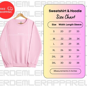K&ouml;nnte beinhalten: Eine Gr&ouml;&szlig;entabelle f&uuml;r Sweatshirts und Hoodies, die die Ma&szlig;e in Zoll f&uuml;r Breite, L&auml;nge und &Auml;rmell&auml;nge f&uuml;r die Gr&ouml;&szlig;en S bis 3XL zeigt.