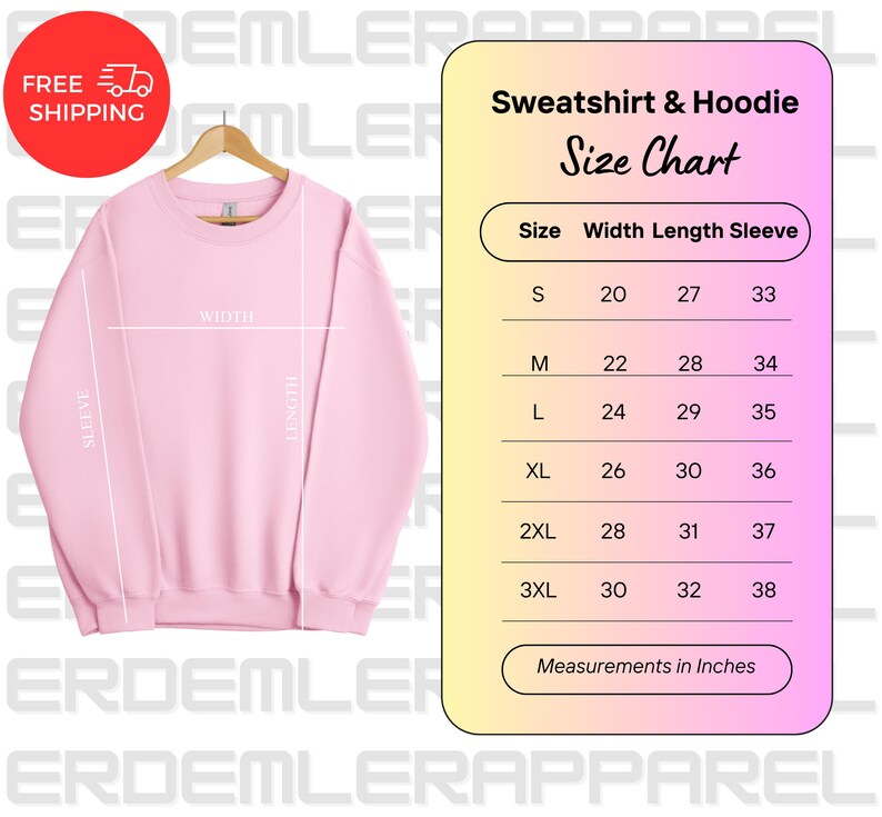 K&ouml;nnte beinhalten: Eine Gr&ouml;&szlig;entabelle f&uuml;r Sweatshirts und Hoodies, die die Ma&szlig;e in Zoll f&uuml;r Breite, L&auml;nge und &Auml;rmell&auml;nge f&uuml;r die Gr&ouml;&szlig;en S bis 3XL zeigt.