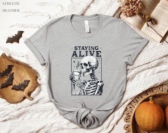 Staying Alive Shirt, Coffee Lovers Gift, Skull retro Halloween Tshirt, Halloween Comfort Colors Tee, Trendy Coffee Shirt, Funny Skeleton Tee