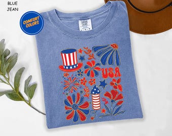 Floral 4th of July Shirt, Floral Usa Comfort Colors Shirt, American Flag Graphic Tee, 4th of July Shirt, Women's 4th of July Tee,