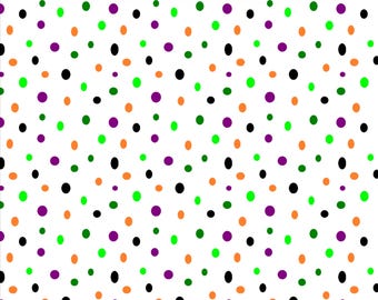 May include: A white background with a repeating pattern of small, colorful dots. The dots are in shades of green, orange, purple, and black.