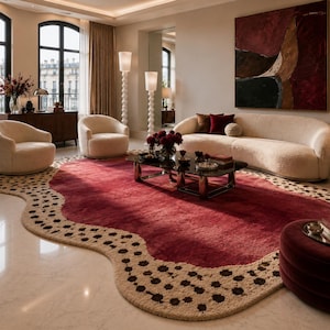 May include: A large, irregularly shaped area rug featuring a deep red centre and a cream-coloured border with dark brown floral patterns. The rug is placed in a room with a curved cream sofa, two matching armchairs, a glass coffee table, and a red ottoman.