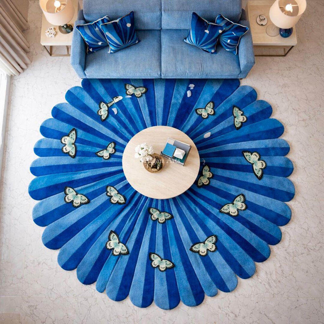 Hand Tufted Butterfly Round Rug Blue Floral Wool Carpet Modern Kids ...